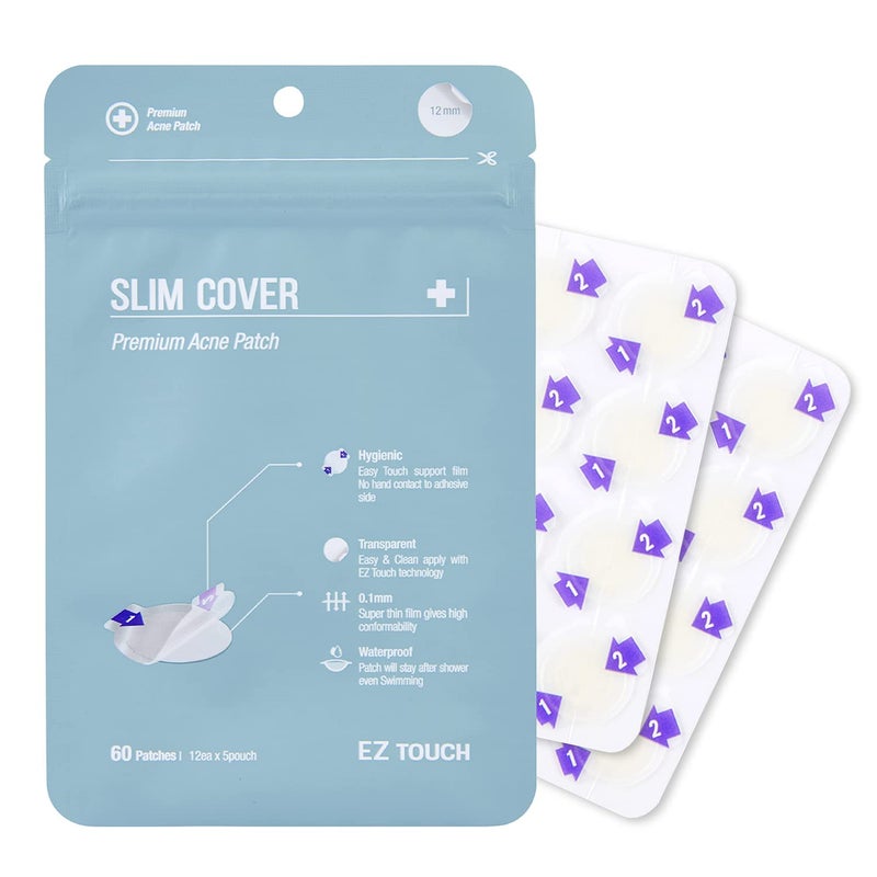 EZ Touch Touch-free Hydrocolloid Acne Pimple Patch (60 count, 12mm, Invisible) | Ultra-thin & Vaterproof | Patented Korean Slim Cover - Image 1